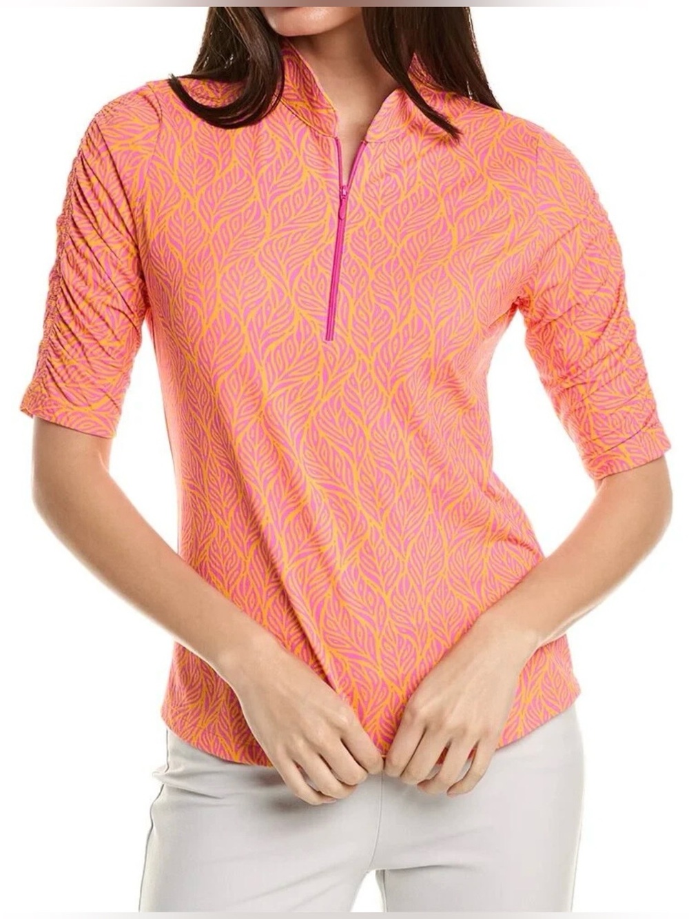 IBKUL Sally Print Ruched Elbow Sleeve Mock Neck Top Size Small UPF 50+
